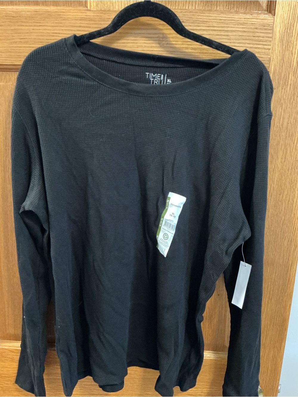 Time and Tru Black Waffle-Knit Long Sleeve Top - Women's